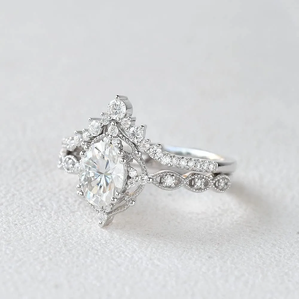 YDD 925 Sterling Silver 1.5ct Oval Moissanite Engagement Rings for Women Bridal Set 2pcs Oval Vine Vintage Inspired V Shaped Wedding Band Anniversary