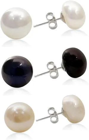 YING LAN 3 Pairs AAA Quality Freshwater Cultured Button Pearl Stud Earrings Set for Women | 925 Sterling Silver