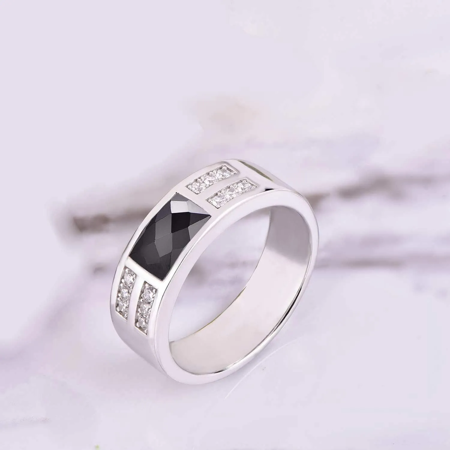 YL Men's Wedding Band Engagement Ring 925 Sterling Silver 5x7.8mm Flat Cut Black Zirconia Ring Anniversary Jewelry