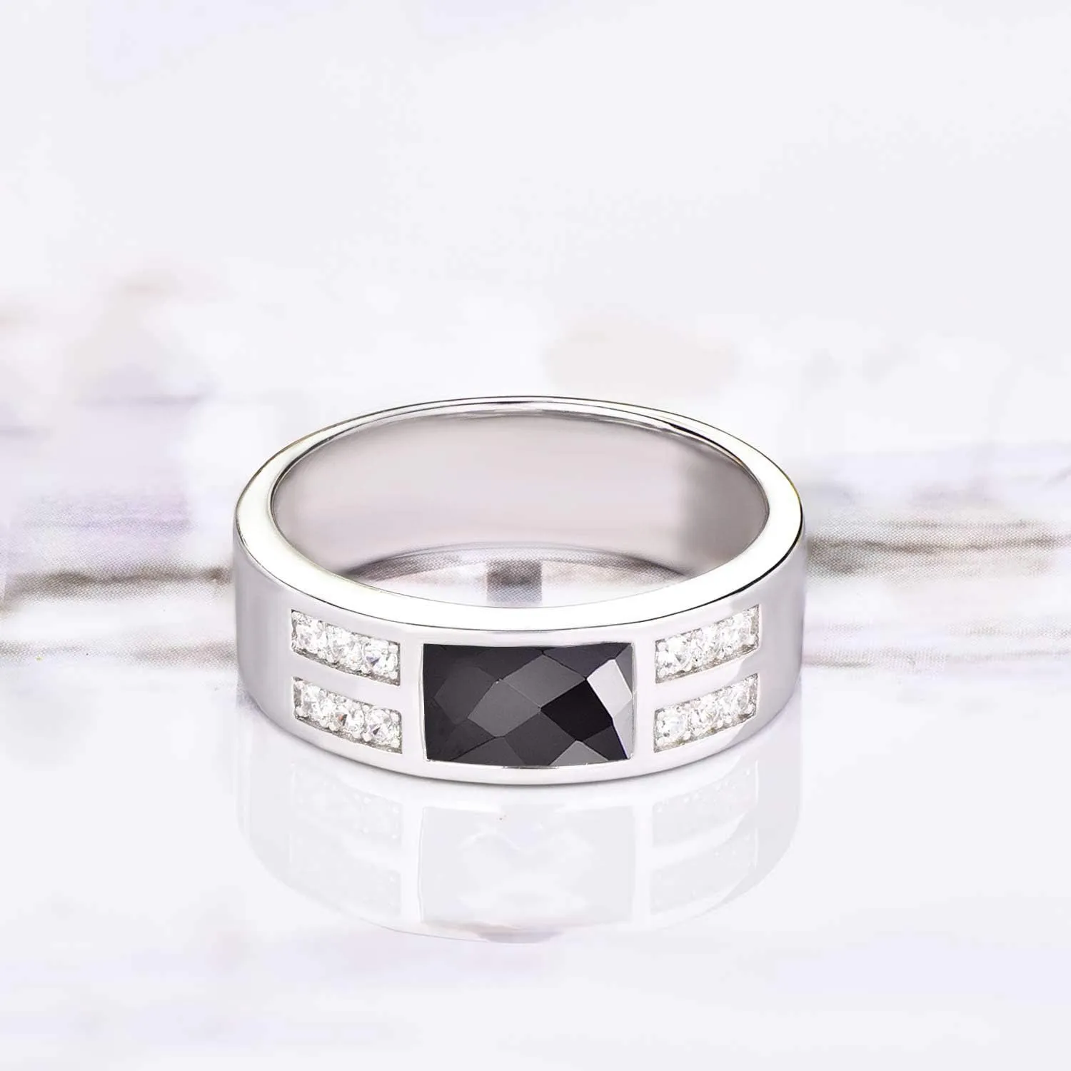 YL Men's Wedding Band Engagement Ring 925 Sterling Silver 5x7.8mm Flat Cut Black Zirconia Ring Anniversary Jewelry