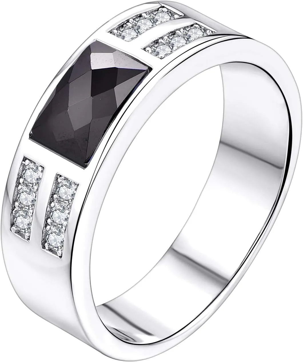 YL Men's Wedding Band Engagement Ring 925 Sterling Silver 5x7.8mm Flat Cut Black Zirconia Ring Anniversary Jewelry