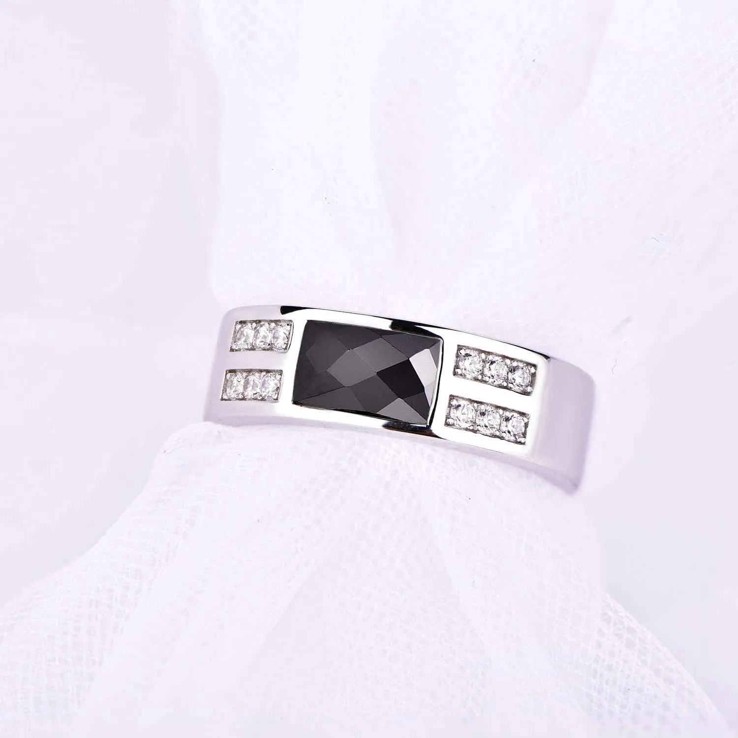 YL Men's Wedding Band Engagement Ring 925 Sterling Silver 5x7.8mm Flat Cut Black Zirconia Ring Anniversary Jewelry