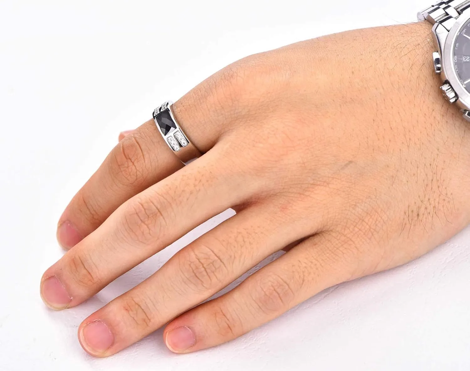 YL Men's Wedding Band Engagement Ring 925 Sterling Silver 5x7.8mm Flat Cut Black Zirconia Ring Anniversary Jewelry