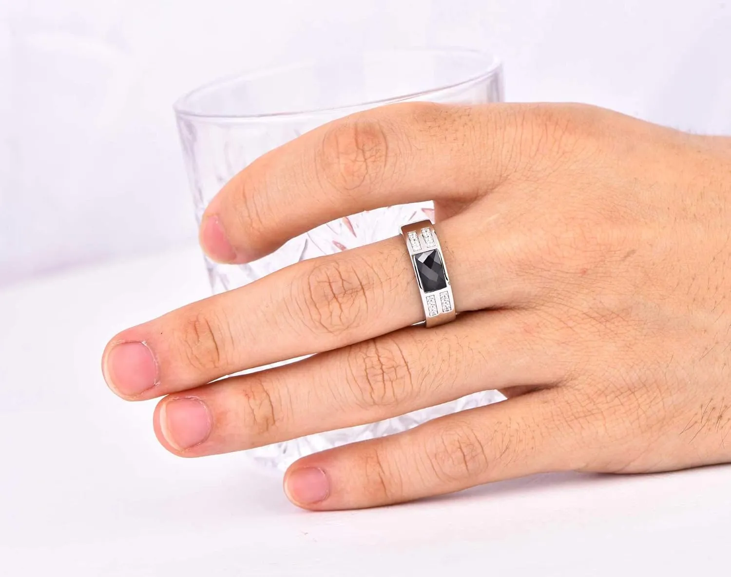 YL Men's Wedding Band Engagement Ring 925 Sterling Silver 5x7.8mm Flat Cut Black Zirconia Ring Anniversary Jewelry