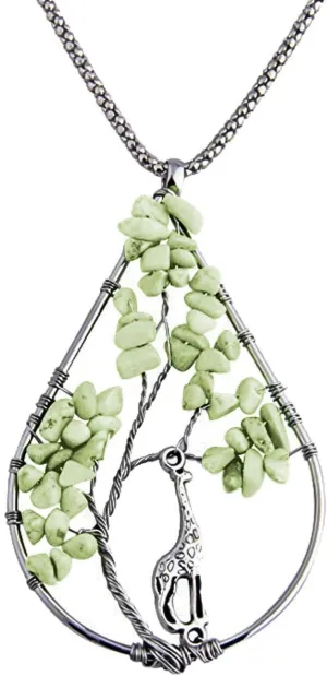 Zuo Bao Handmade Wire Wrapped Quartz Chips Tree Teardrop Pendant Necklace with Giraffe/Healing Jewelry Gift for Family (Peridot with Giraffe)